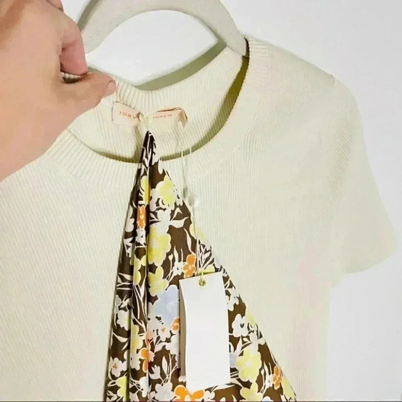 NWT Tory Burch Floral Scarf Short-sleeve Sweater In Classic Ivory - Picture 6 of 8